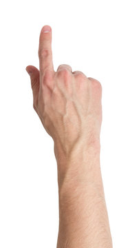 adult male hand touching virtual screen