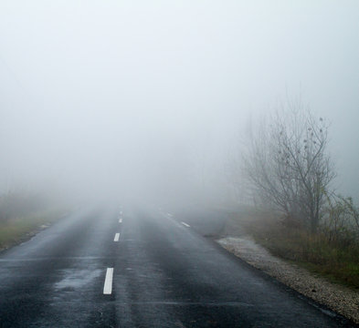 Asphalt road in an autumn fog