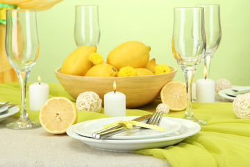 beautiful holiday table setting with lemons, close up