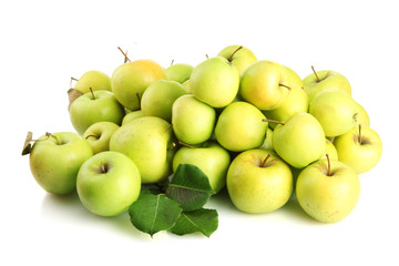 juicy apples with green leaves, isolated on white