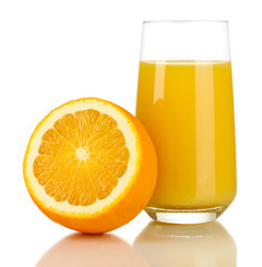 Delicious orange juice in glass and orange next to it isolated