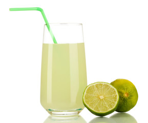 Delicious lemon juice in glass and limes next to it isolated