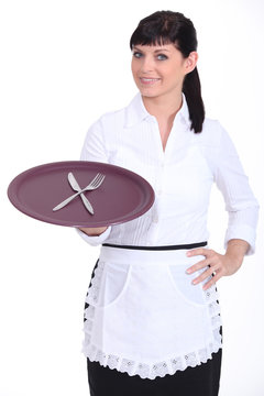 Brunette Waitress Holding Tray