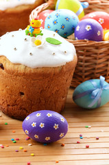 Obraz na płótnie Canvas Easter decorations - eggs, cake and basket on the tabletop