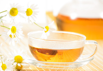 teacup with herbal chamomile tea