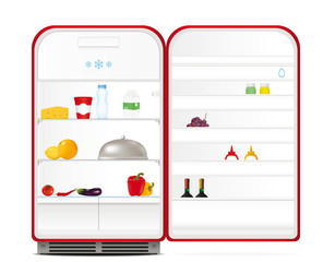 Red retro fridge with food and drinks