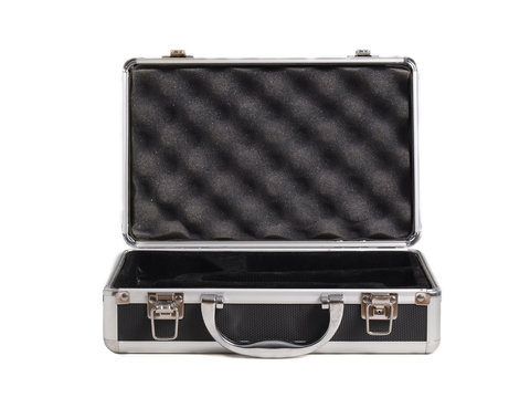 Briefcase opened lying on white.