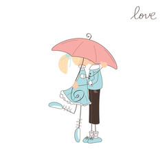 Girl kissing boy under  umbrella. Valentine day illustration
