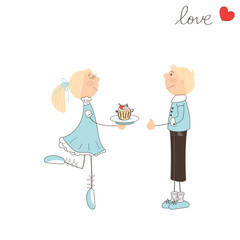 Cute girl give cake to the boy. Valentine day illustration