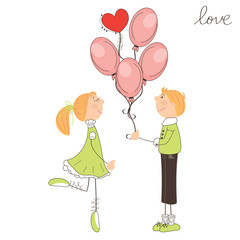 Boy give balloons to the girl. Valentine day illustration