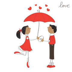 Cute girl and boy under umbrella. Valentine day illustration