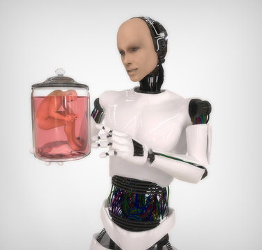 Humanoide con bote de cristal con humano