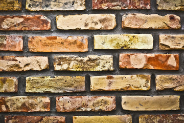 Weathered, stained, old brick wall background, texture