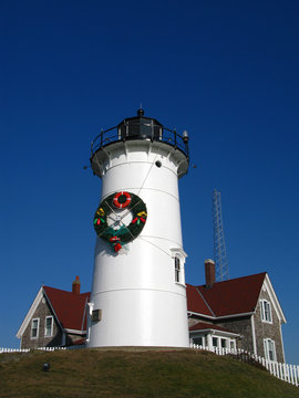 Christmas holiday decorated Nobska Lighthouse on cape Cod
