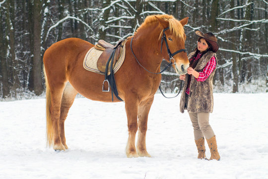 Woman with a Horse the Snow