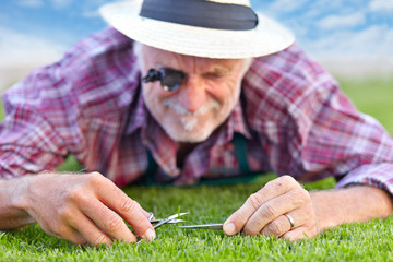 Close up of senior gardener cutting grass 3