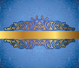 Gold antique frame on blue decorative background, vector