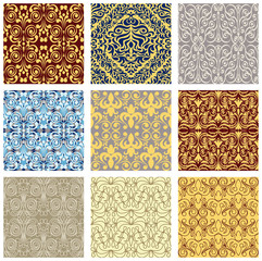 Seamless floral background, set of geometrical patterns