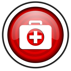 first aid kit red glossy icon isolated on white background