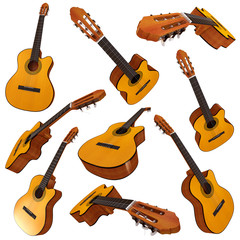 Classical acoustic guitar. Set. 3d render