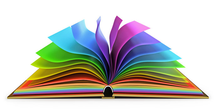 Open book with colorful pages. White background