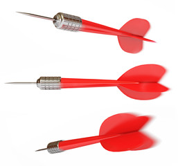 Darts from different angles in motion. 3d render