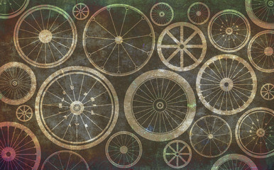 Fototapeta na wymiar Bicycle wheels on dark and old background
