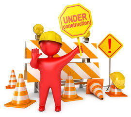 Red Human at a stop pose. Traffic cones. Under construction sign