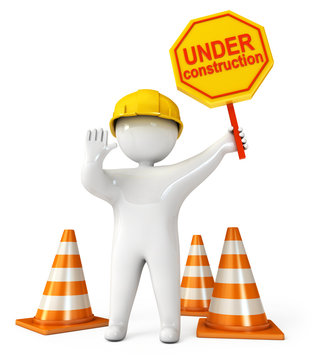 Human at a stop pose. Traffic cones. Under construction sign