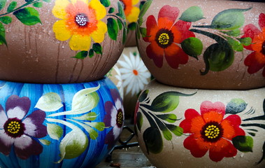 Mexican colorful ceramic pots in workshop in San Diego