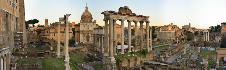 Panorama of the Roman Forum at sunset