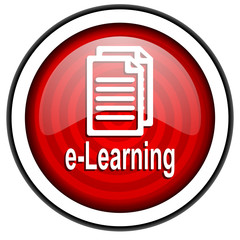 e-learning red glossy icon isolated on white background