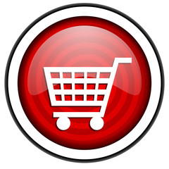 shopping cart red glossy icon isolated on white background