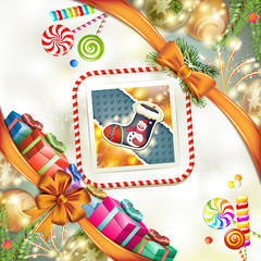 Christmas sock with ball, candy and gift