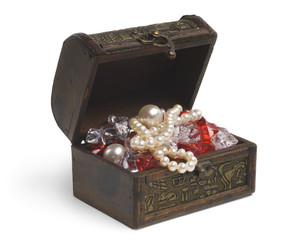 open treasure chest with jewelry isolated on white