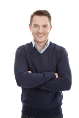 Hellhäutiger Mann mit Wollpulli in Blau isoliert