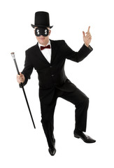 Rich man is dancing with US dollar signs on eyes