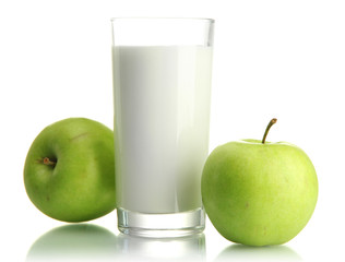 Glass of kefir and green apples, isolated on white