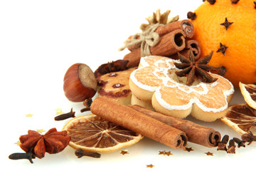 composition of christmas spices, isolated on white