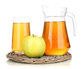 Full glass and jug of apple juice and apple isolted on white
