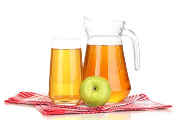 Full glass and jug of apple juice and apples isolted on white