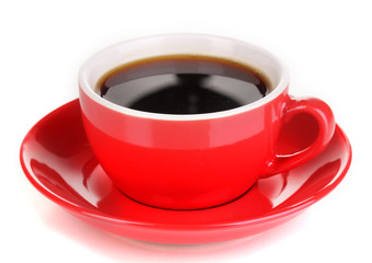 A red cup of strong coffee isolated on white