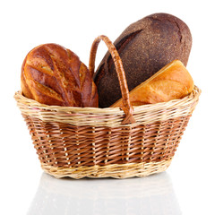 Fresh bread in basket isolated on white