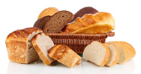 Fresh bread in basket isolated on white