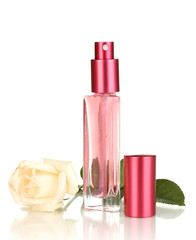 Women's perfume in beautiful bottle with rose isolated on white