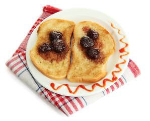 White bread toast with jam on plate, isolated on white