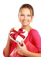 Woman holding gift box isolated on white background