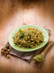 spelt with pesto sauce and hazel nut, vegetarian food