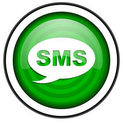 sms green glossy icon isolated on white background