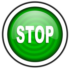 stop green glossy icon isolated on white background